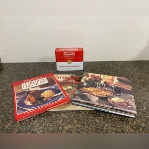 Campbell’s soup recipe box, and three recipes books.